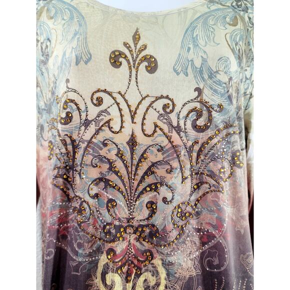 Jess & Jane Green Rhinestone Bodice Floral Print Top Small Lightweight Flowy - Picture 6 of 6